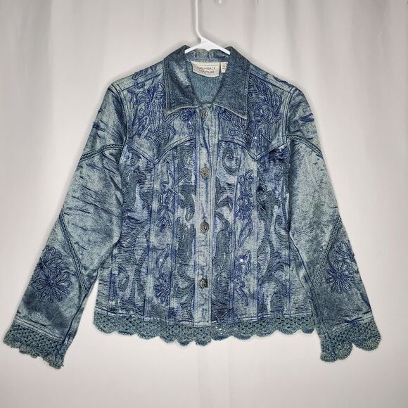 Flashback Couture Shiny Jean Jacket Small Embroidered Sequin Country Western - Picture 13 of 13